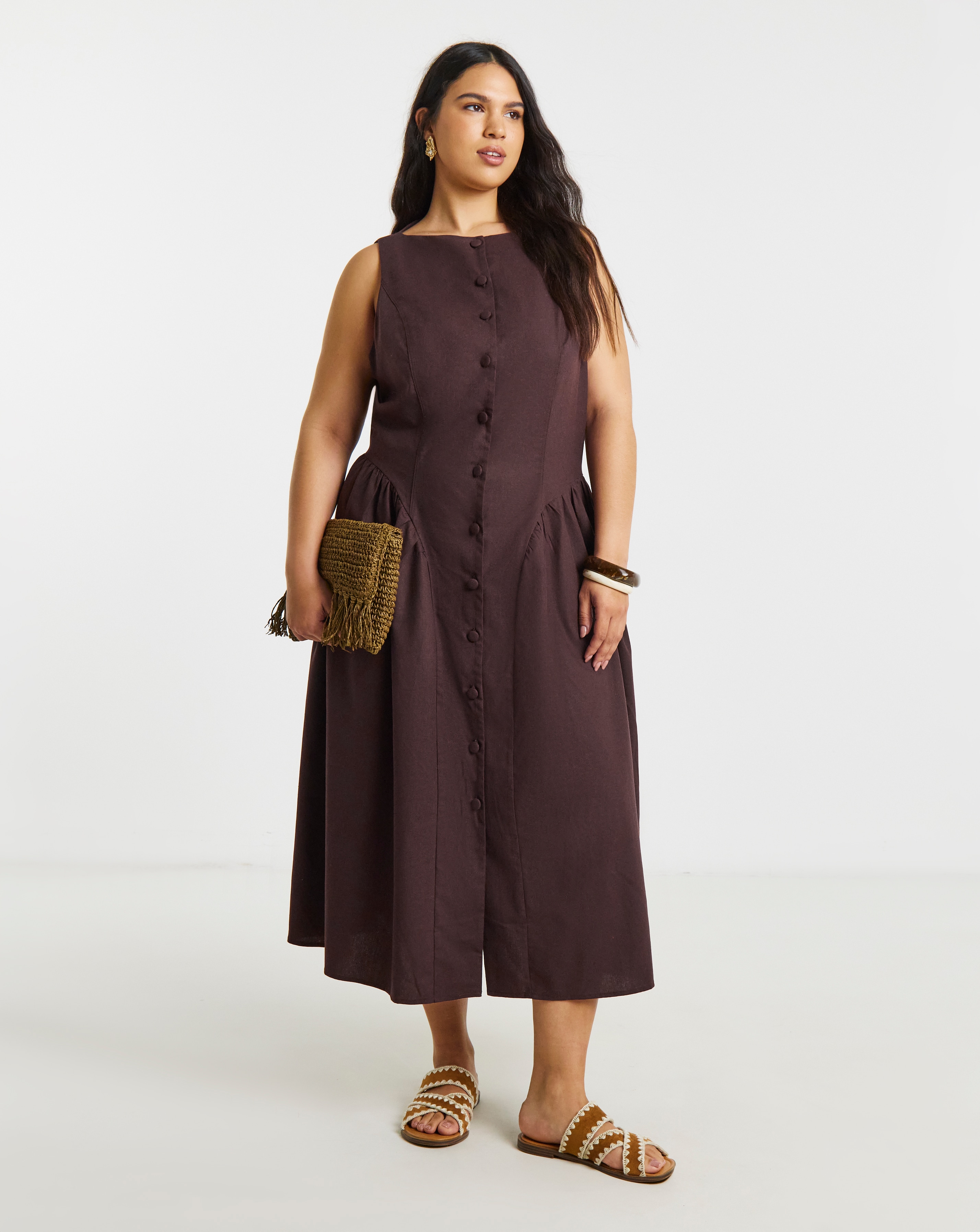 New In - Linen Boat Neck Midi Dress