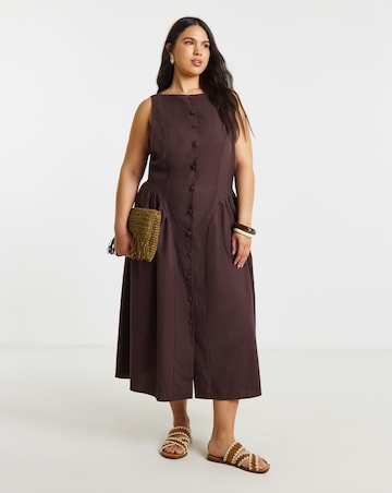 Chocolate Linen Boat Neck Button Through Midi Dress