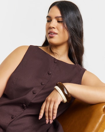 Chocolate Linen Boat Neck Button Through Midi Dress