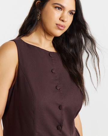 Chocolate Linen Boat Neck Button Through Midi Dress