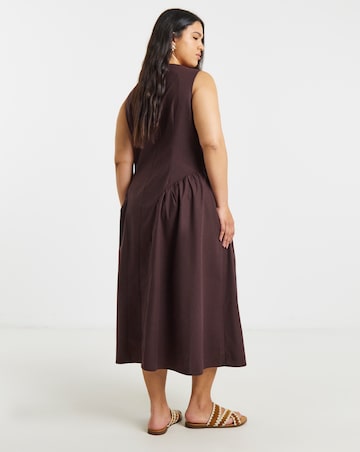 Chocolate Linen Boat Neck Button Through Midi Dress