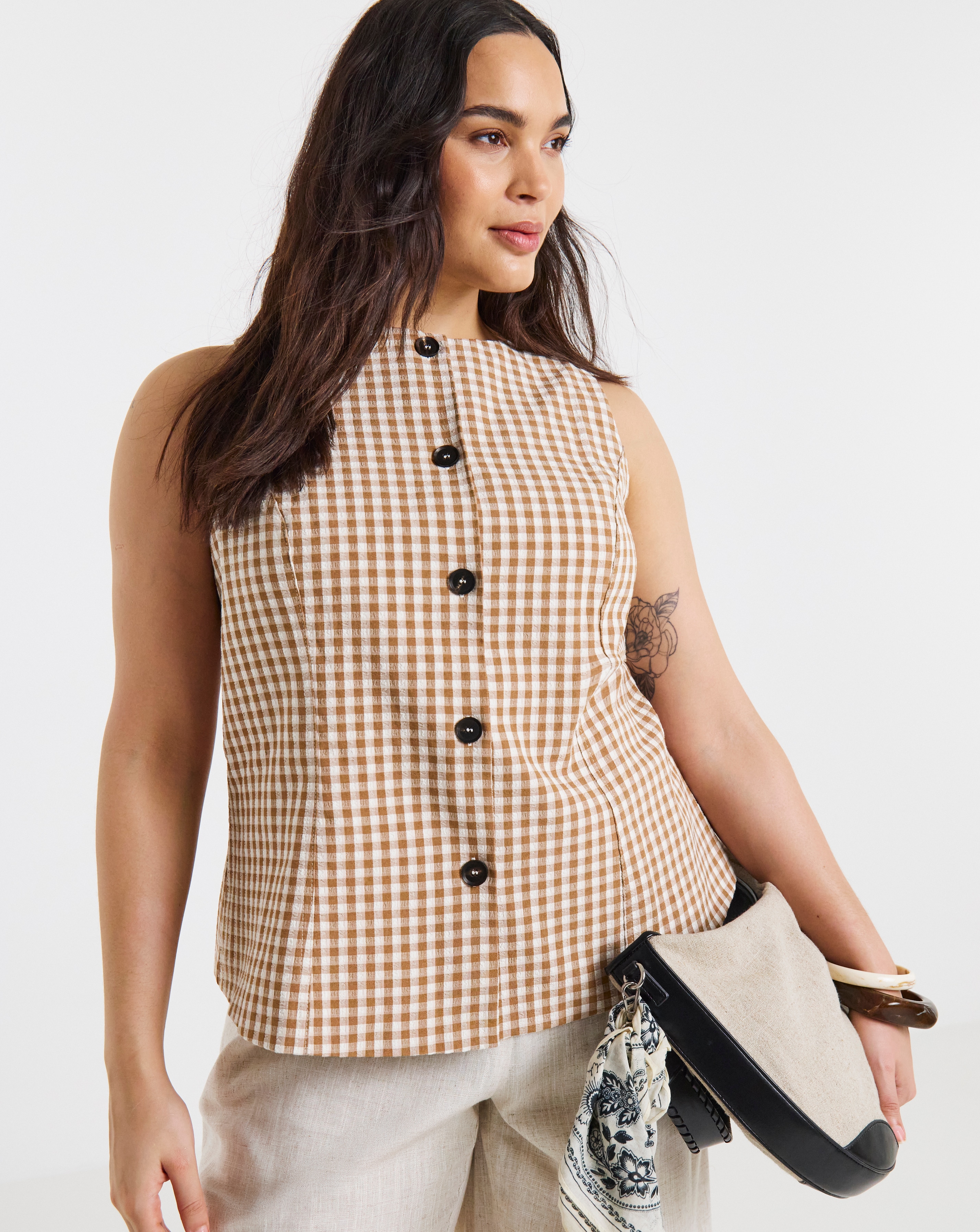 New In - Chocolate Gingham Boat Neck Formal Top