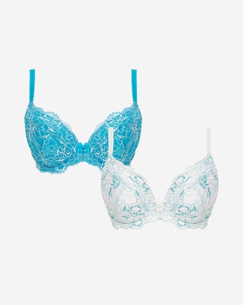 Pretty Secrets DD+ 2 Pack Ella Padded Plunge Wired Bras In Blue/white | UK Size 36F Women's