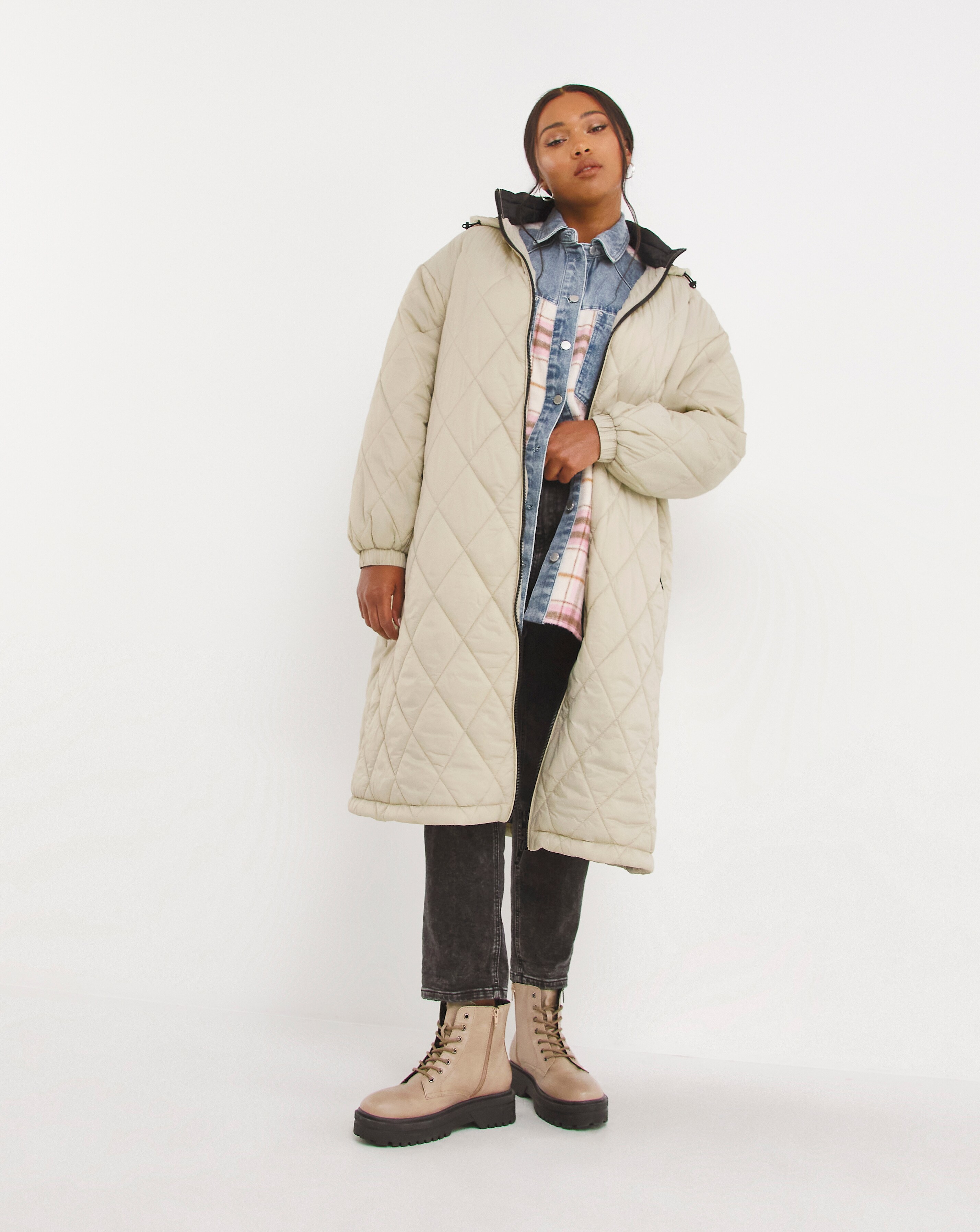Long cream quilted coat Clearance