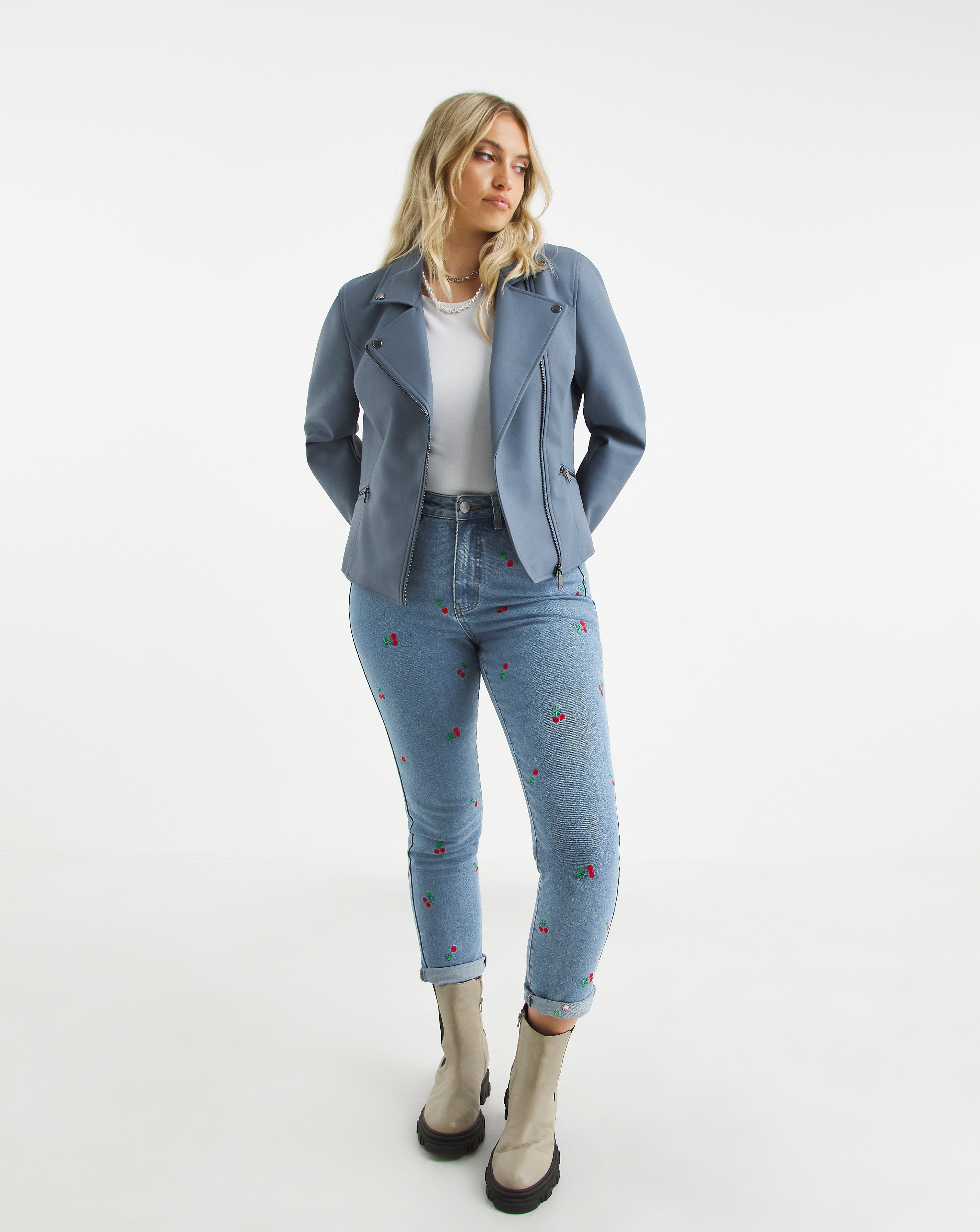 Light blue faux suede biker jacket sale