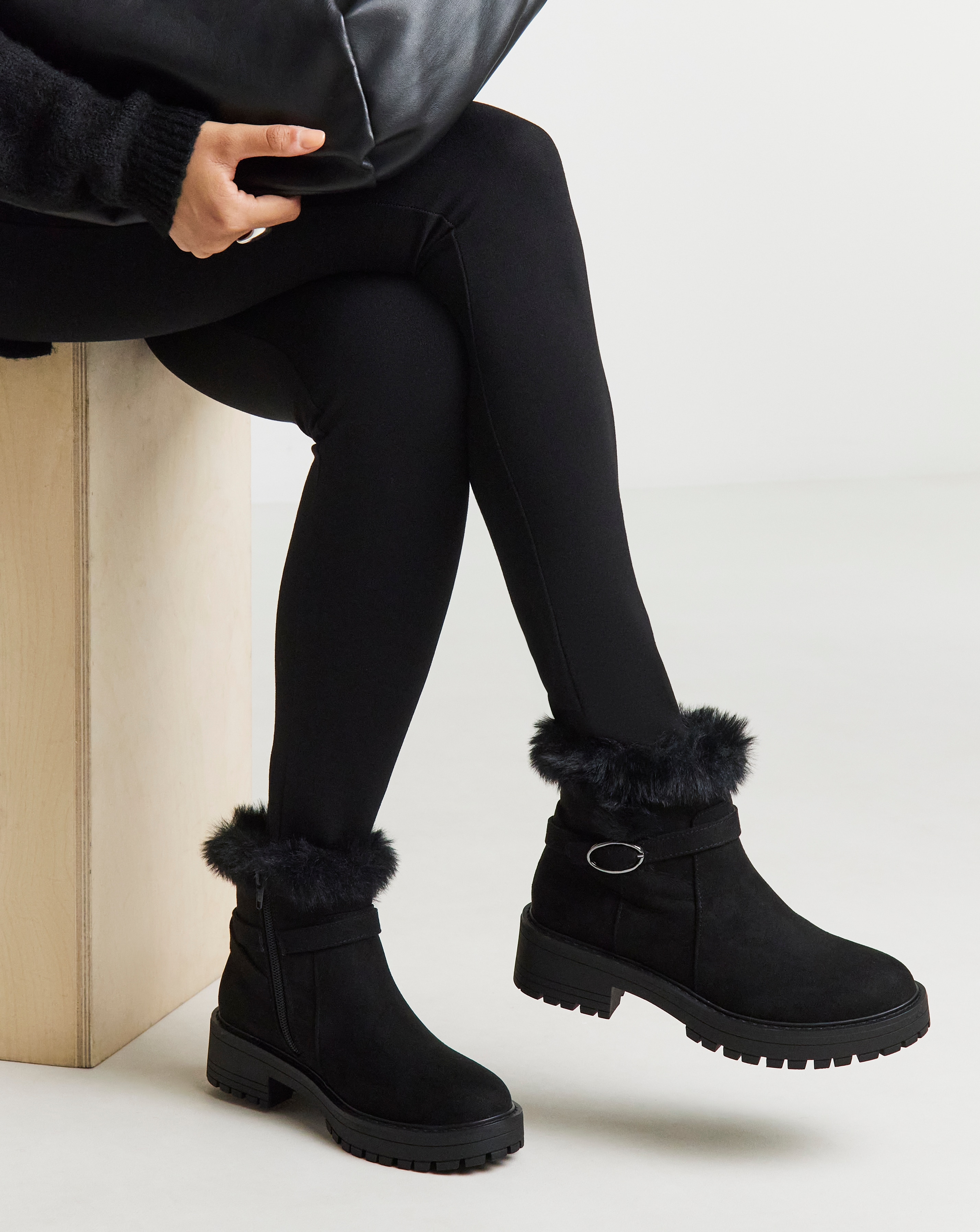 Chunky Ankle Boot Fur Trim Wide