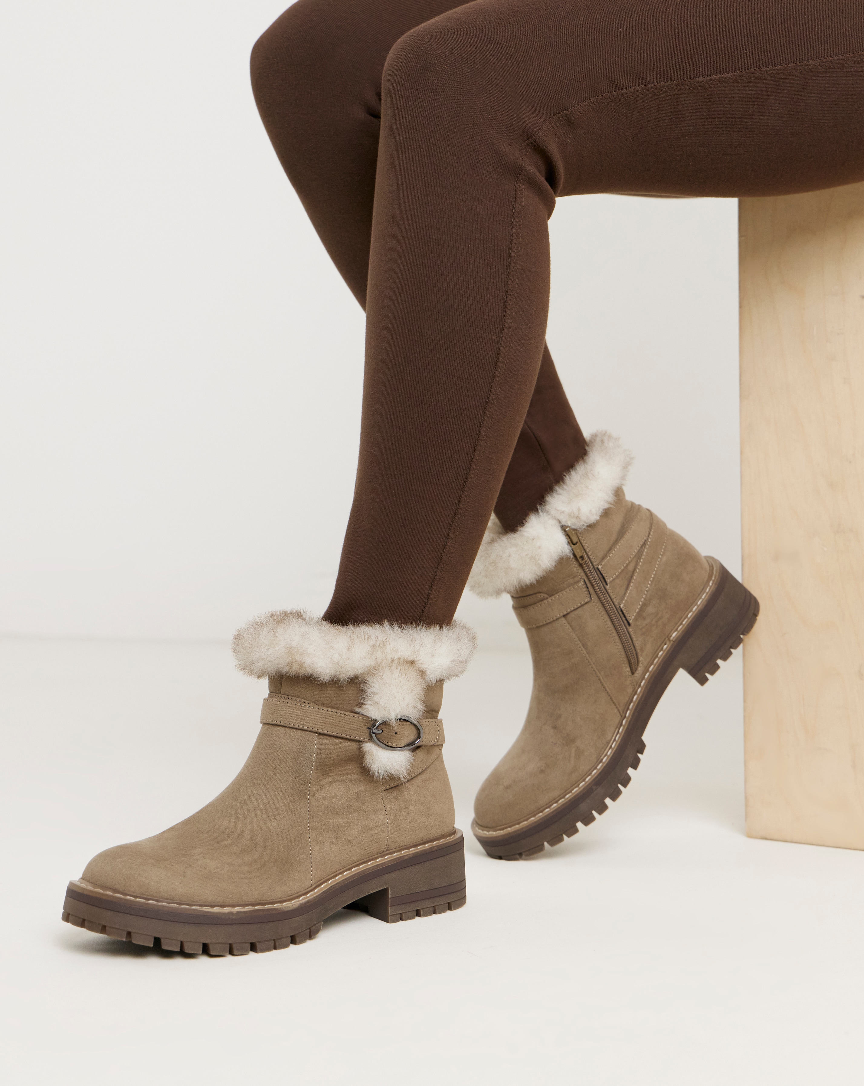 Chunky Ankle Boot Fur Trim Wide