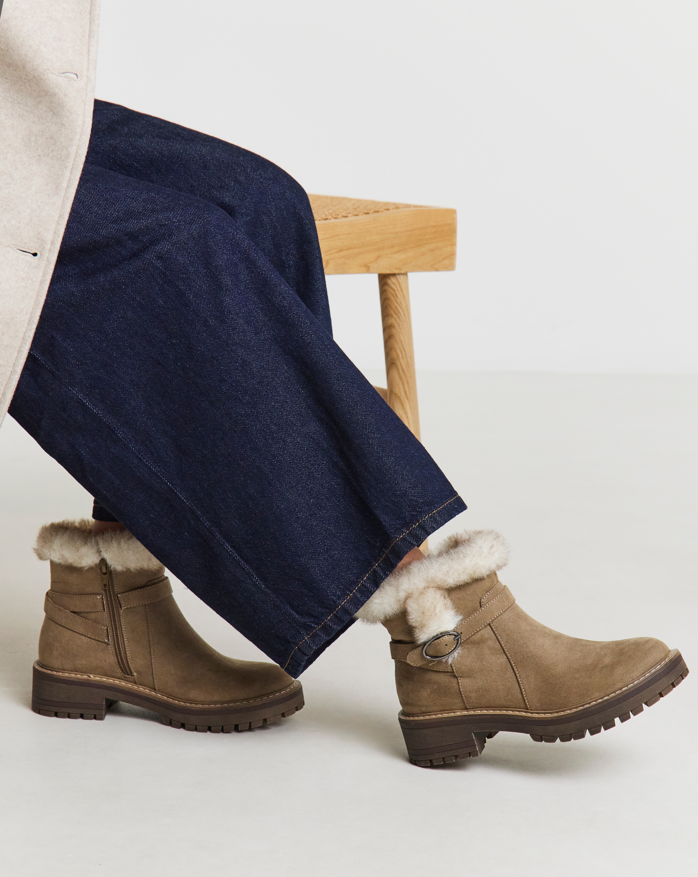 Chunky Ankle Boot Fur Trim Wide