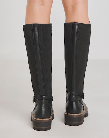 Apollo Knee High Elasticated Boots Buckle Detail - Wide Fit (E) & Curvy Calf