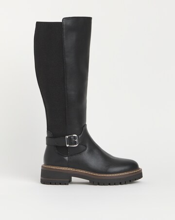 Apollo Knee High Elasticated Boots Buckle Detail - Wide Fit (E) & Curvy Calf