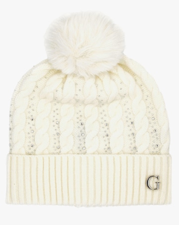 Guess Cream Knitted G Logo Diamante Pom Pom Beanie Hat