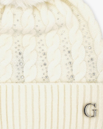 Guess Cream Knitted G Logo Diamante Pom Pom Beanie Hat