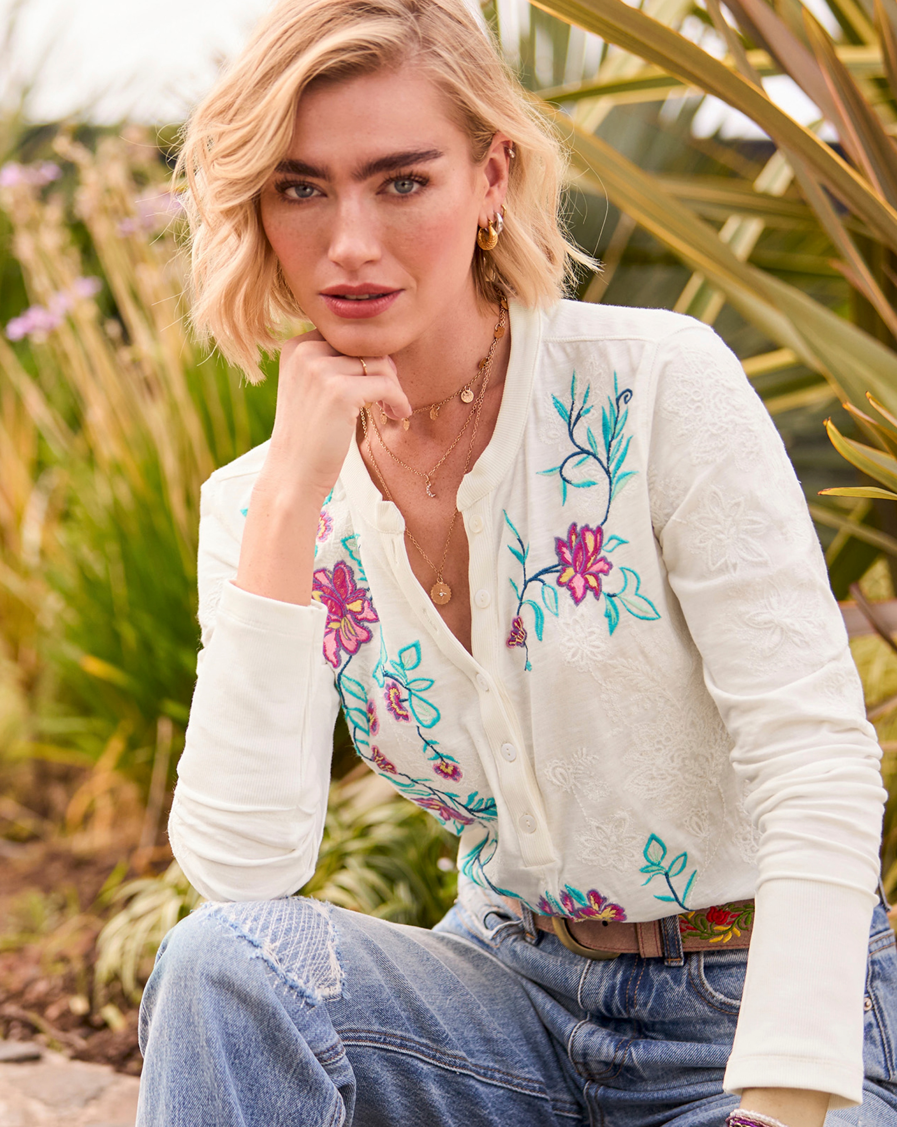 New In - JB Fabulous Floral Embroidered Henley