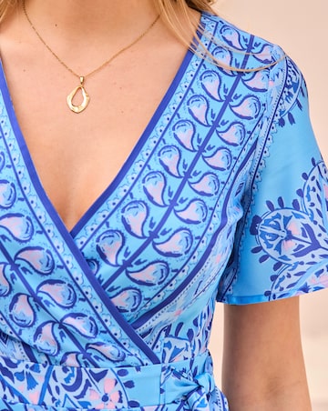 Sosandar Blue Scarf Print Satin Midi Dress