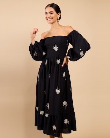 Little Mistress Black Embroidered Bardot Midaxi Dress