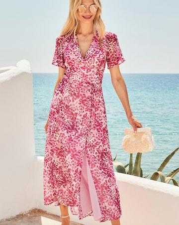 Sosandar Pink Animal Chiffon Angel Sleeve Fit & Flare Midi Dress