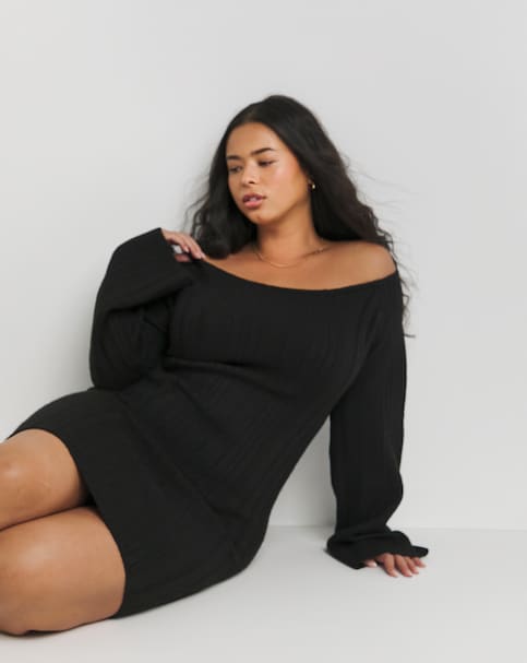 Simply Be - Women's Black Rib Slash Neck Knitted Mini Dress - Size 28/30 - Black - 55% Recycled Polyester 40% Acrylic 2% Polyester 3% Spandex