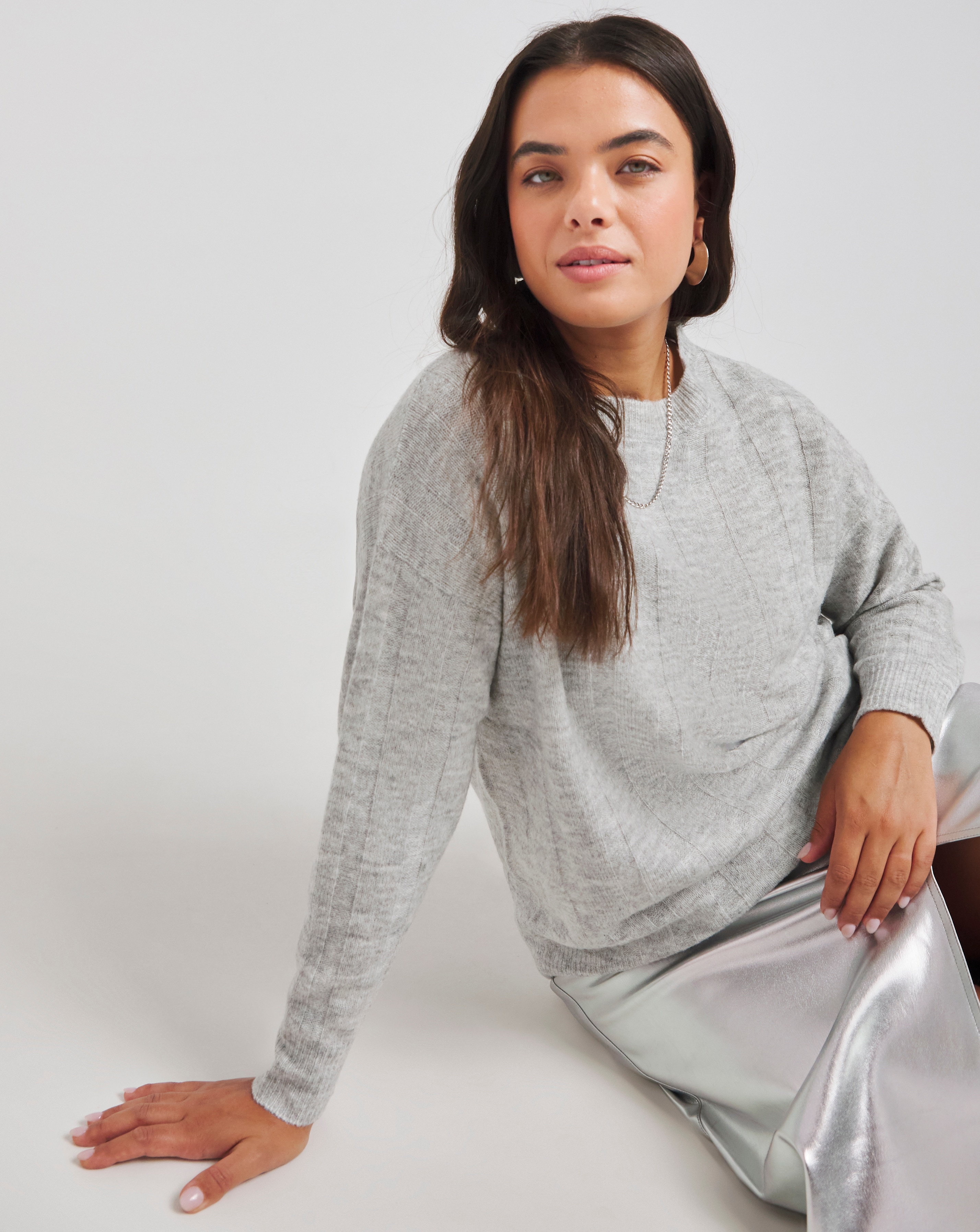 Grey Marl Rib Crew Neck Jumper
