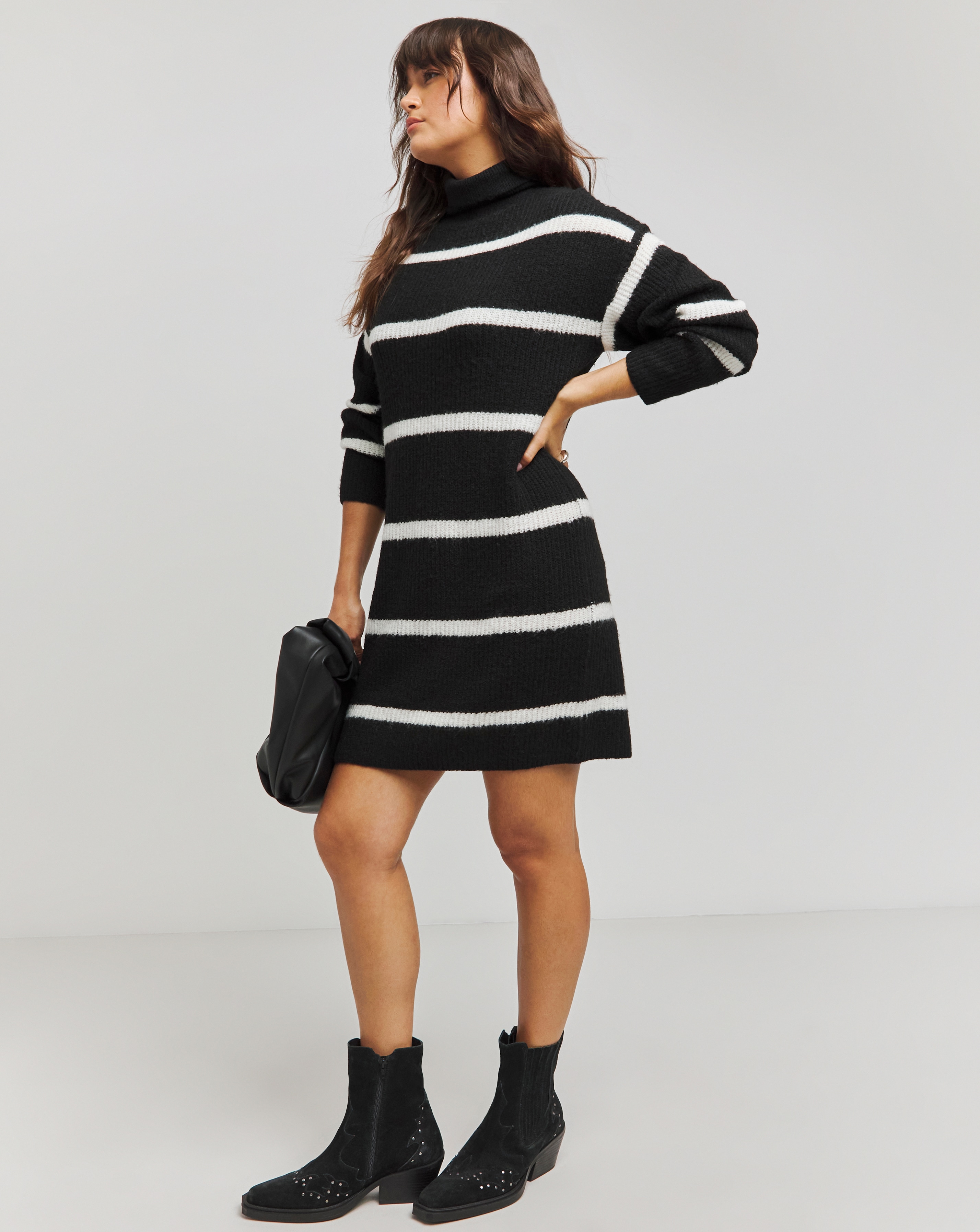Simply Be - Women's Mono Stripe Roll Neck Knitted Mini Dress - Size 20/22 - Monochrome - 55% Recycled Polyester 40% Acrylic 2% Polyester 3% Spandex