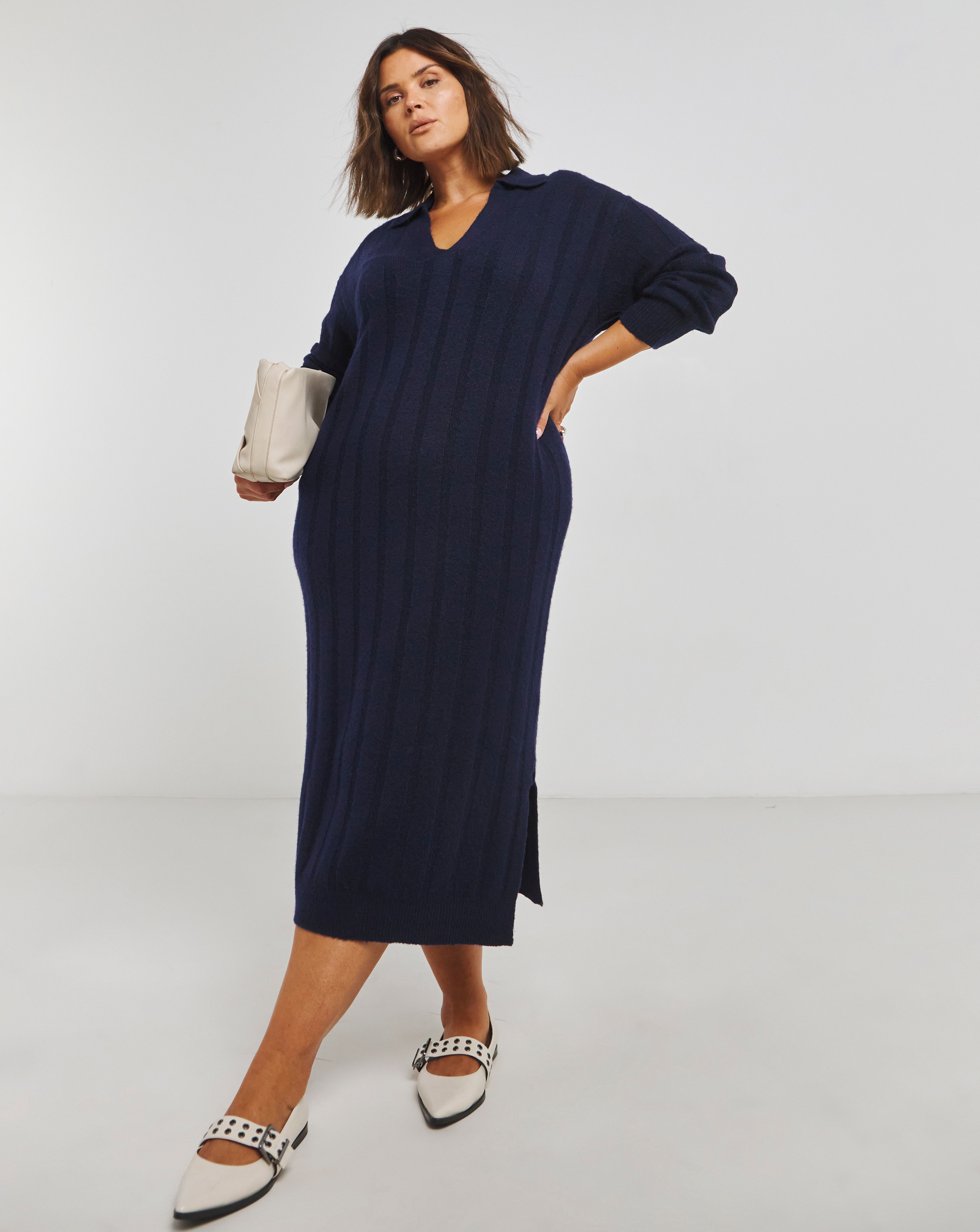 Simply Be - Women's Navy Rib Collar Knitted Midaxi Dress - Size 8/10 - Navy - 55% Recycled Polyester 40% Acrylic 2% Polyester 3% Spandex
