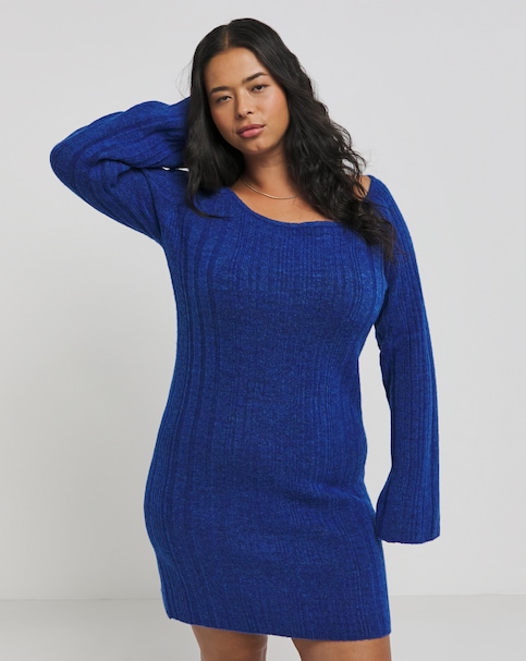 Simply Be - Women's Blue Rib Slash Neck Knitted Mini Dress - Size 28/30 - Cobalt - 55% Recycled Polyester 40% Acrylic 2% Polyester 3% Spandex