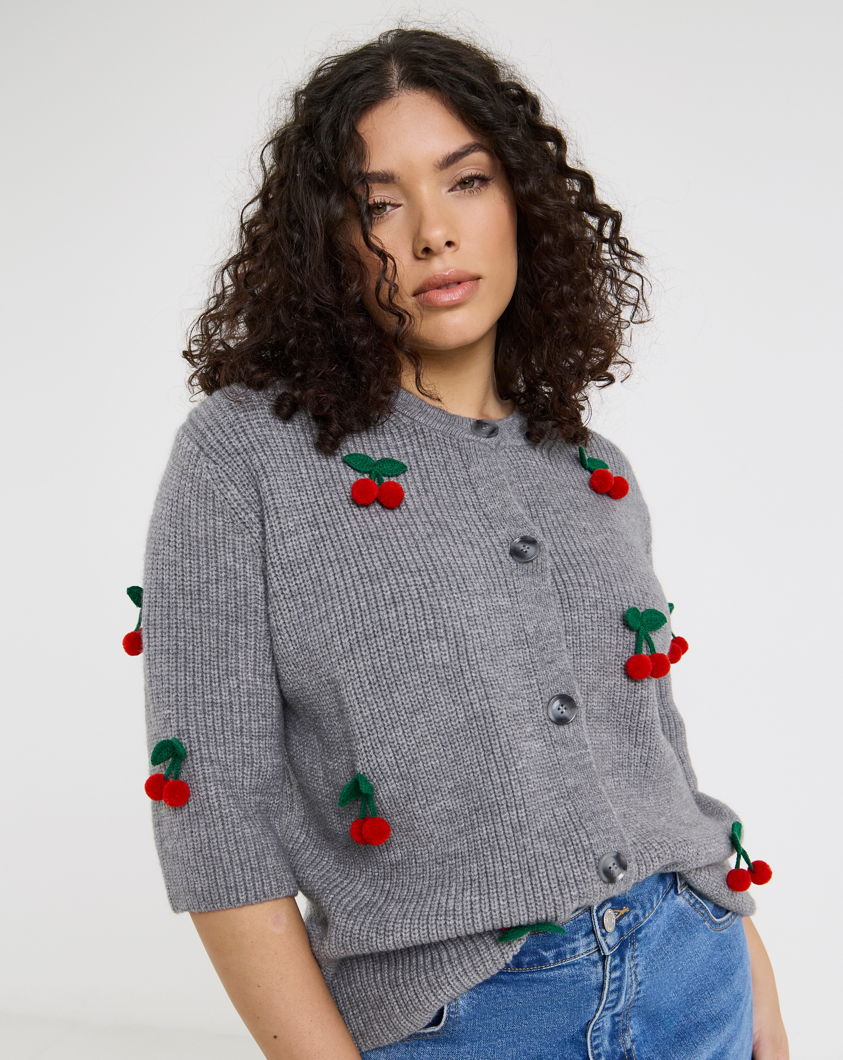 Short Sleeve Cherry Applique Cardigan
