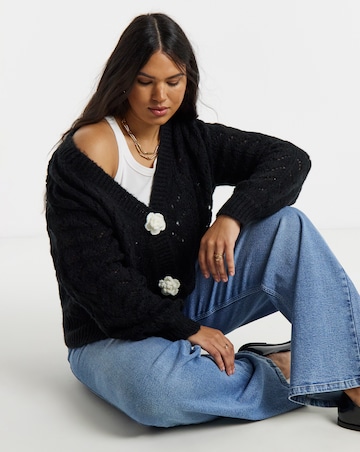Simply Be Black Pointelle Flower Button Cardigan