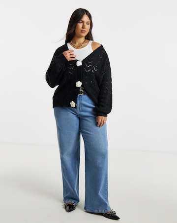 Simply Be Black Pointelle Flower Button Cardigan