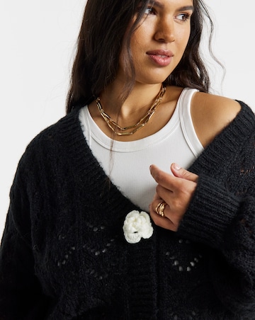Simply Be Black Pointelle Flower Button Cardigan