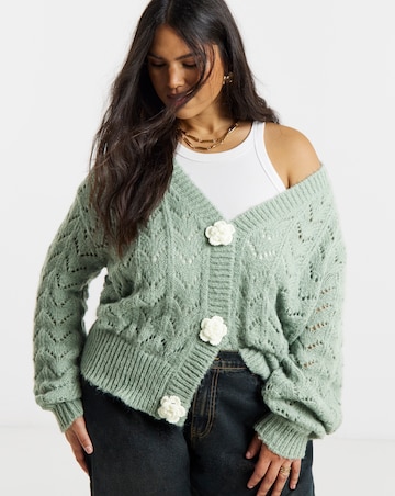 Simply Be Sage Pointelle Flower Button Cardigan