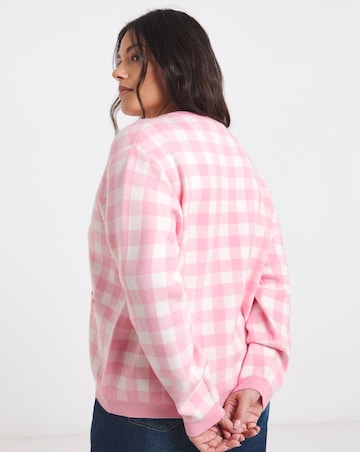 Pink Check Gingham Crew Neck Cardigan