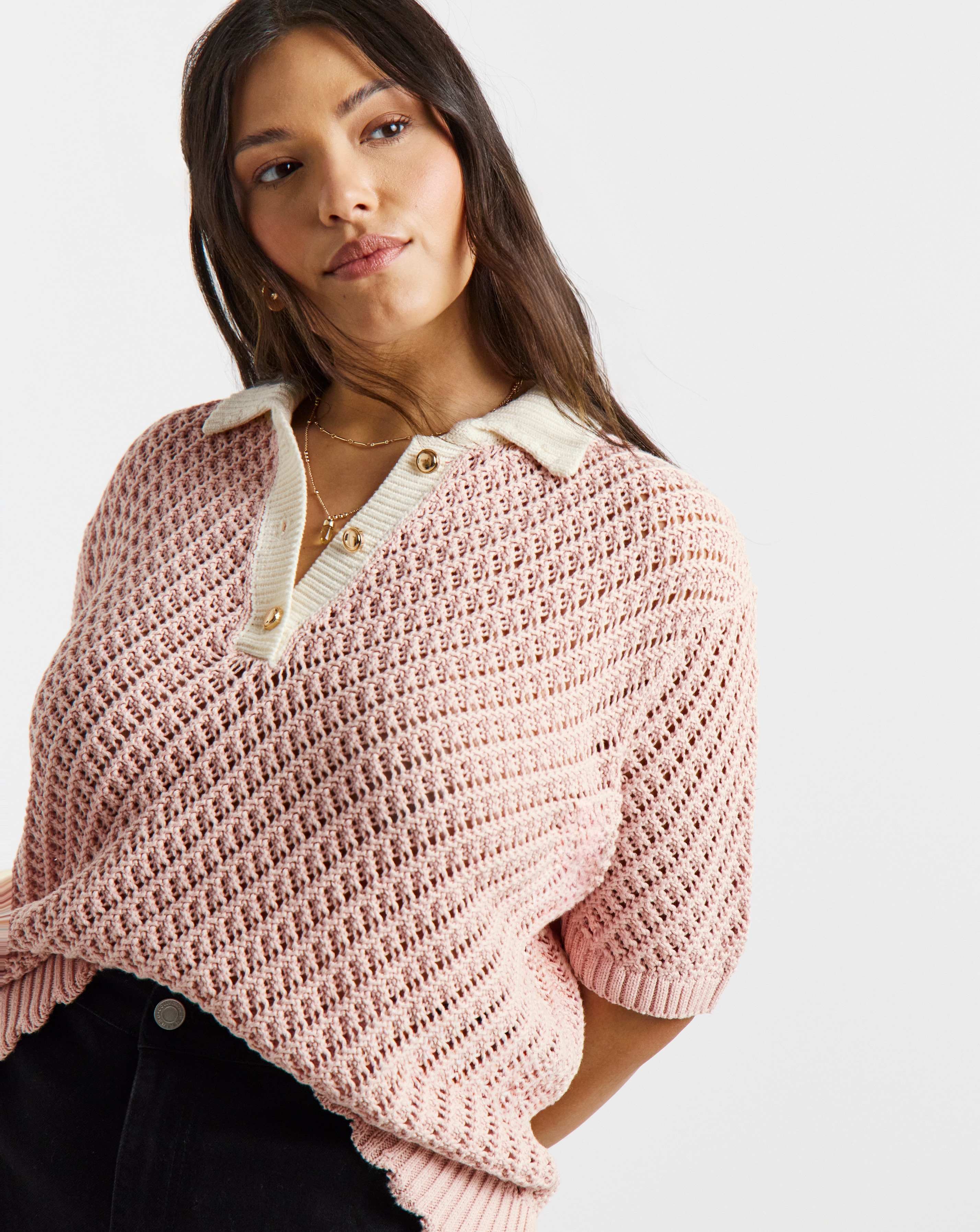 New In - Frill Hem Crochet Polo Top