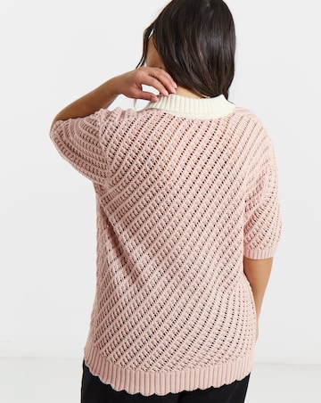 Pink Frill Hem Crochet Polo Top