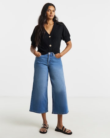 Black Textured Puff Sleeve Gold Button Cardigan