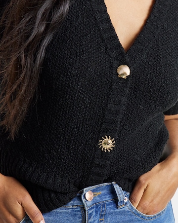 Black Textured Puff Sleeve Gold Button Cardigan