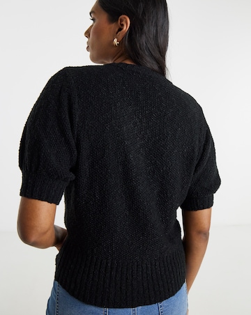 Black Textured Puff Sleeve Gold Button Cardigan