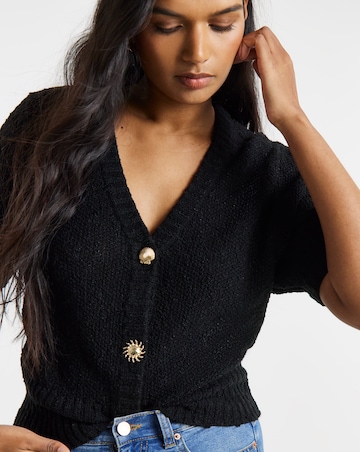 Black Textured Puff Sleeve Gold Button Cardigan