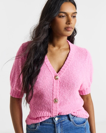 Pink Textured Puff Sleeve Gold Button Cardigan