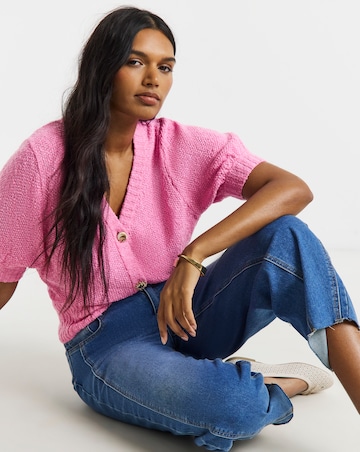 Pink Textured Puff Sleeve Gold Button Cardigan