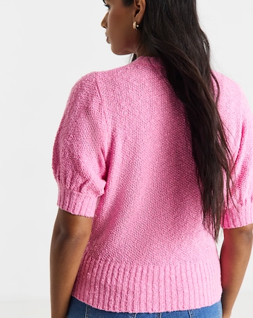 Pink Textured Puff Sleeve Gold Button Cardigan