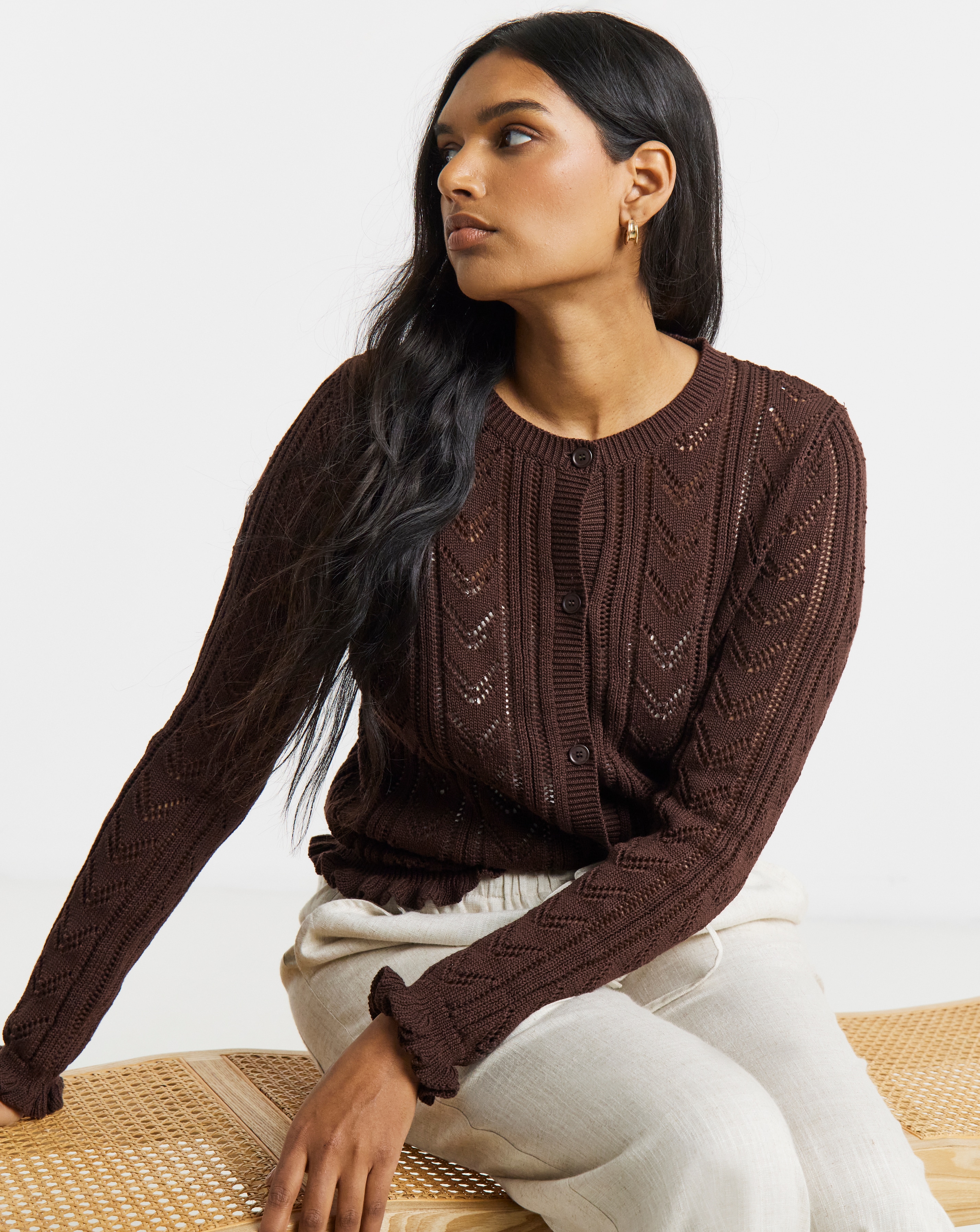 Pointelle Crew Neck Frill Hem Cardigan