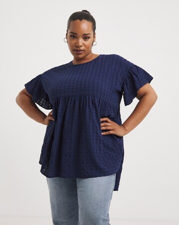 Navy Short Frill Sleeve Textured Smock Top | Simply Be