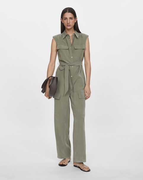 Mango Daily Pocket Cargo Jumpsuit - Khaki