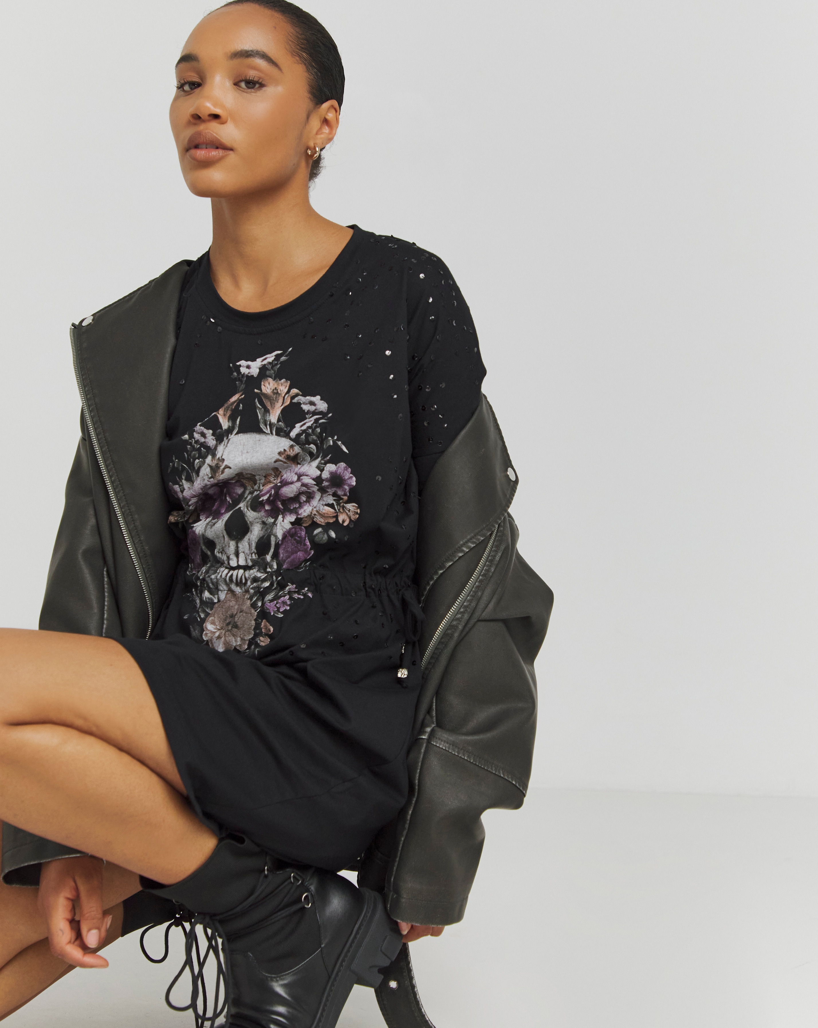 Religion Skull Graphic Tie Waist Dress