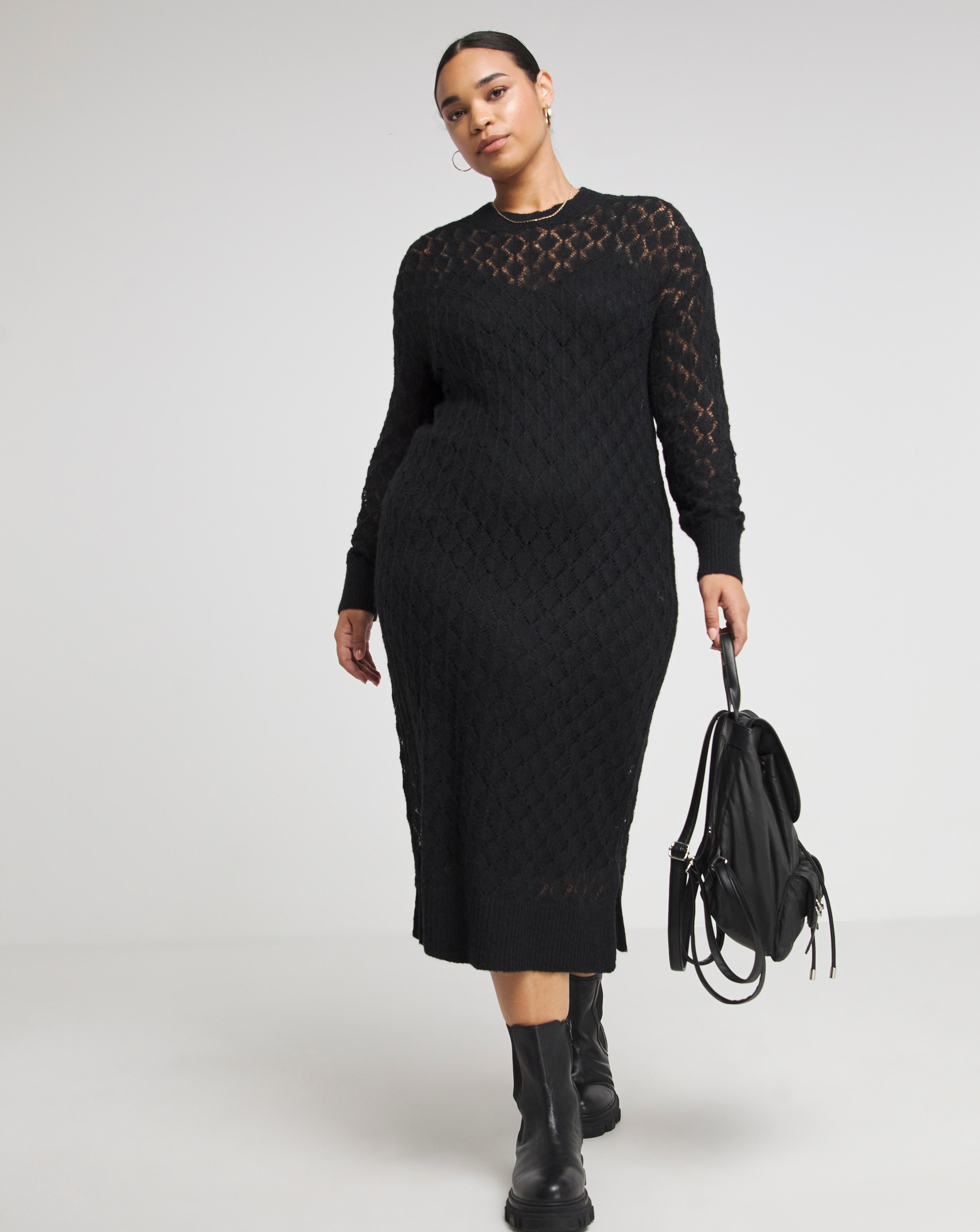 Simply Be - Women's Black Pointelle Lace Midi Jumper Dress - Size 8/10 - Black - 44% Nylon 38% Acrylic 18% Wool