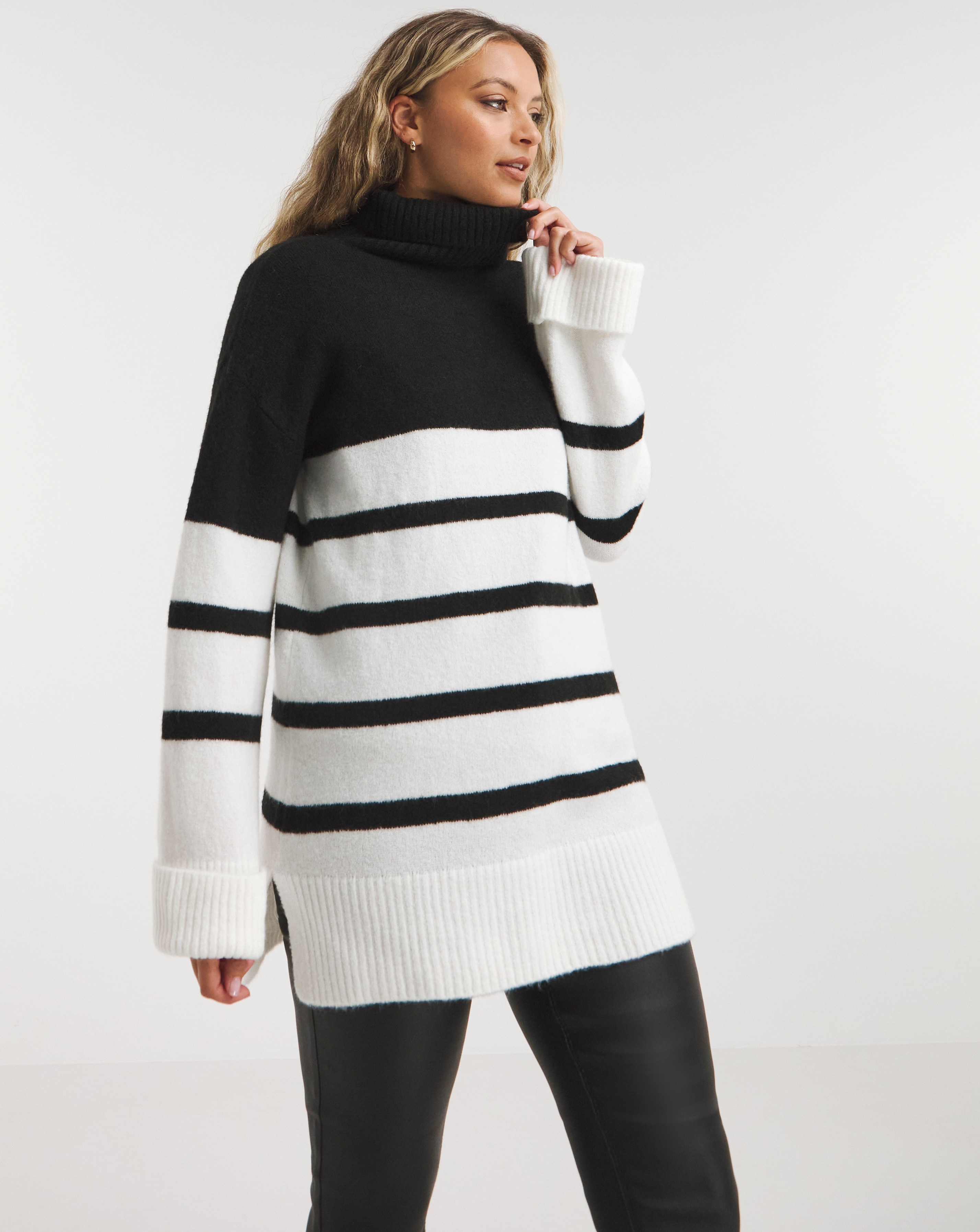 Mono Stripe Roll Neck Longline Jumper