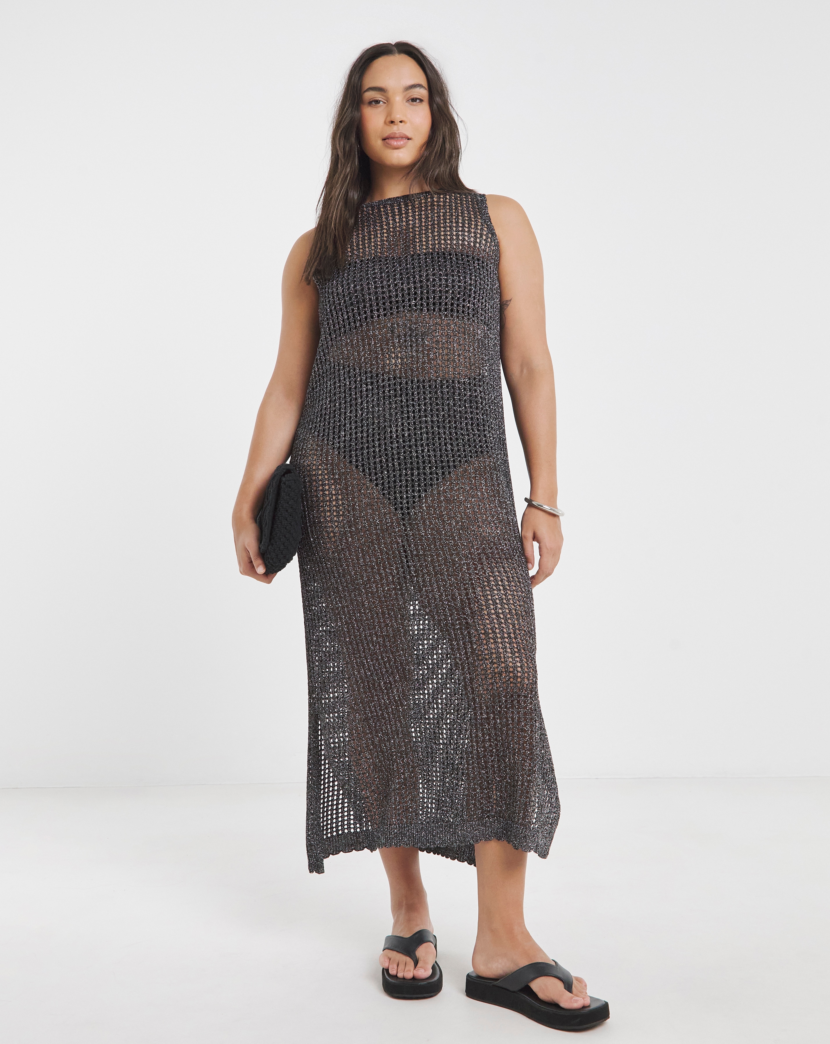 Black Metallic Hole Knit Midaxi Dress