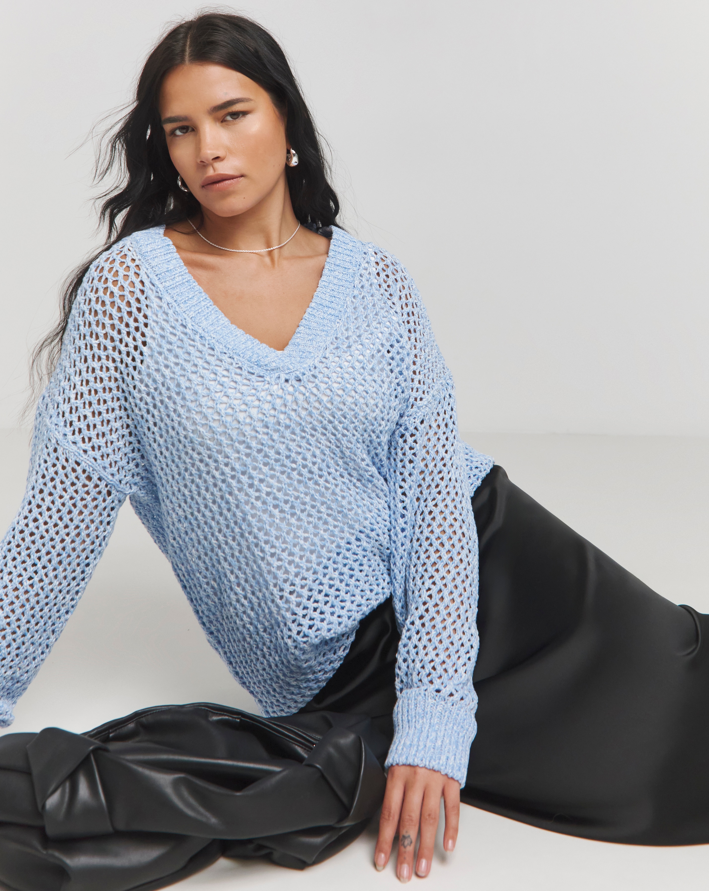 Blue Open Knit V Neck Longline Jumper