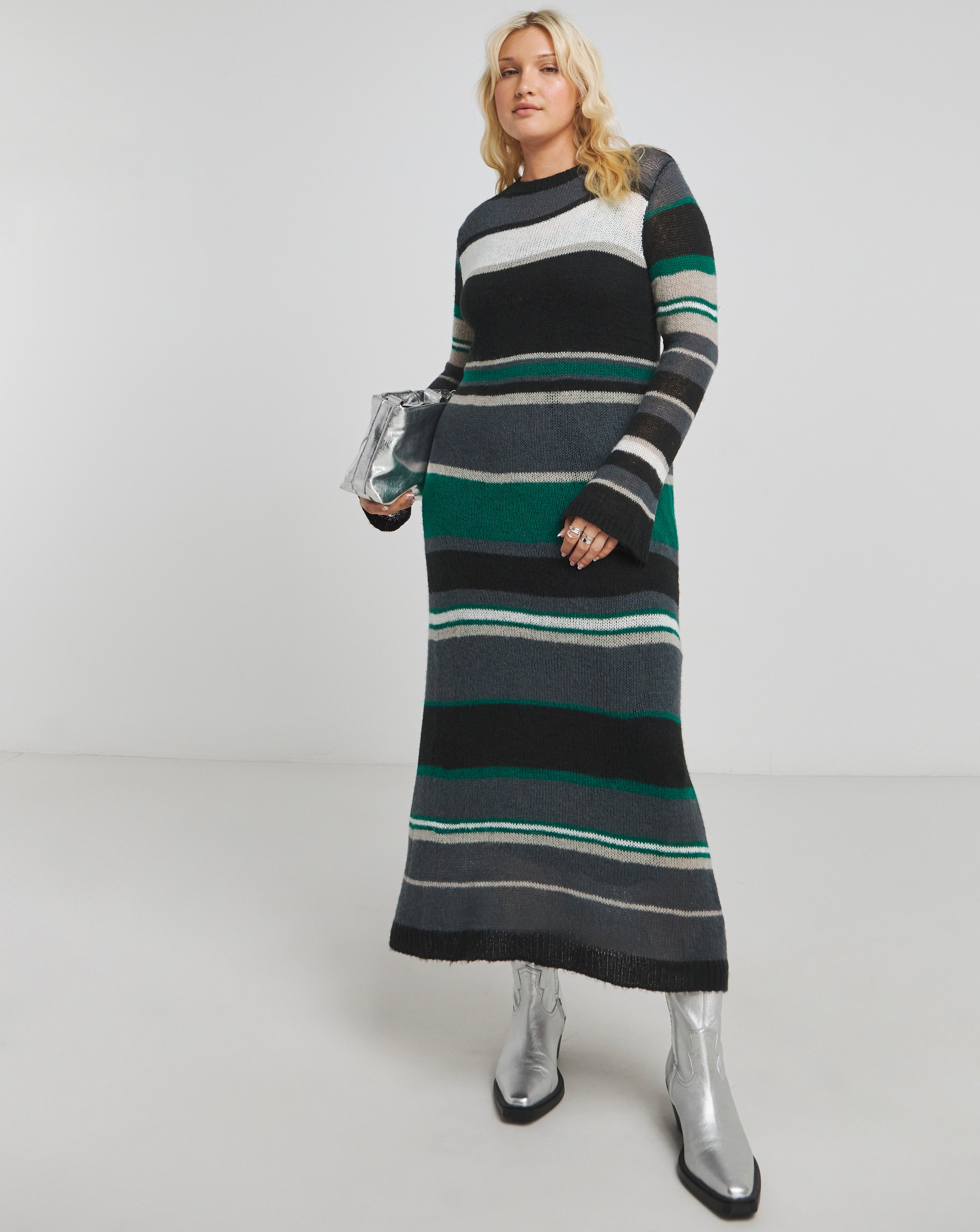 Simply Be - Women's Stripe Knitted Midaxi Dress - Size 16/18 - Black/green