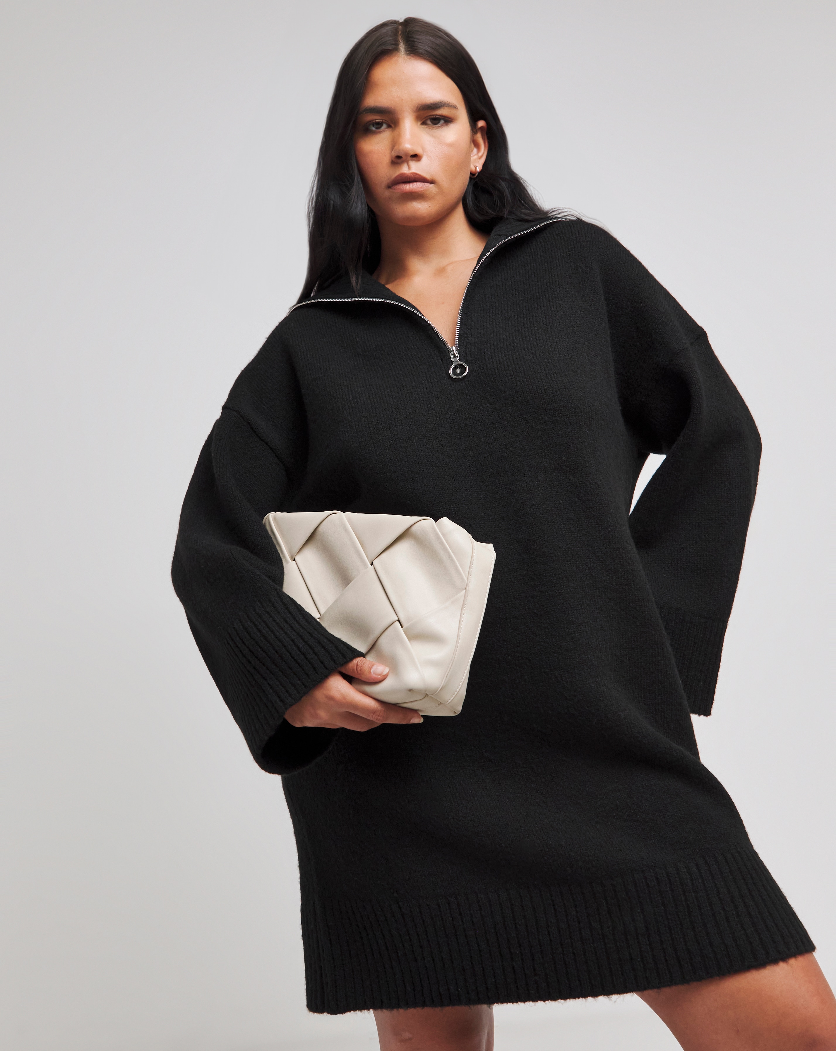 Simply Be - Women's Black Zip Neck Knitted Mini Dress - Size 12/14 - Black - 70% Acrylic 27% Polyester 3% Spandex